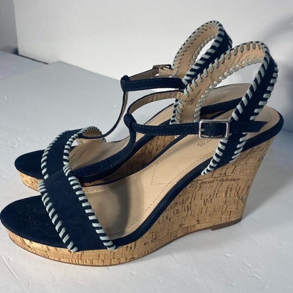 Charles David SZ 9.5 Denim Blue Suede Ankle T-Strap Cork Wedges - Picture 3 of 10